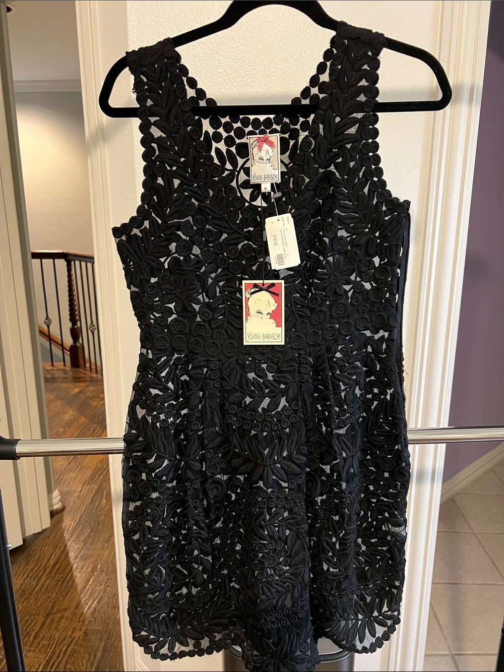 Yoana Baraschi Black Floral Crochet Mini Dress Sheer 100% Silk